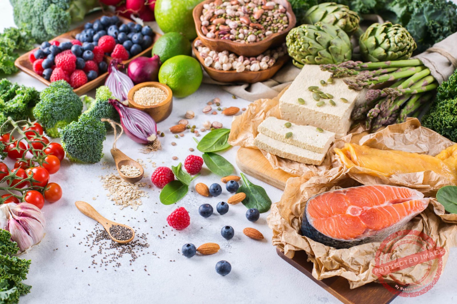 Selection assortment of healthy balanced food for heart, diet